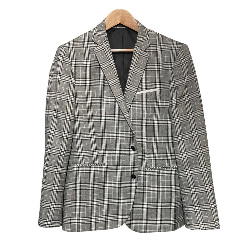 Primark Slim Fit Blazer Mens 44R Gray Plaid Sport Coat 2 Button Jacket Preppy